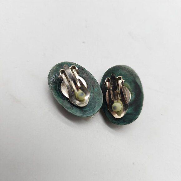Vintage Green Acylic Gold-Tone Clip-On Earrings Oval Design 1980s - Picture 5 of 6